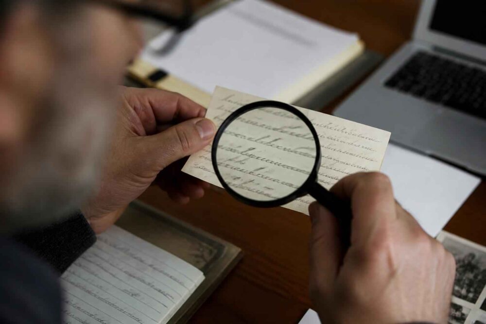 Osoba ogląda odręczne pismo na starej kartce za pomocą lupy przy biurku z laptopem
