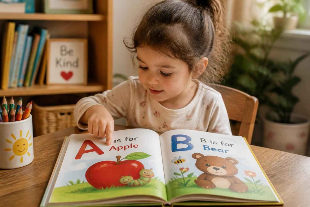 Dziewczynka poznająca litery w książce edukacyjnej Dziewczynka wskazuje litery A i B w książce z ilustracjami jabłka i misia przy biurku