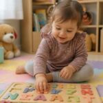 Mała dziewczynka układa kolorowe puzzle z literami na macie edukacyjnej