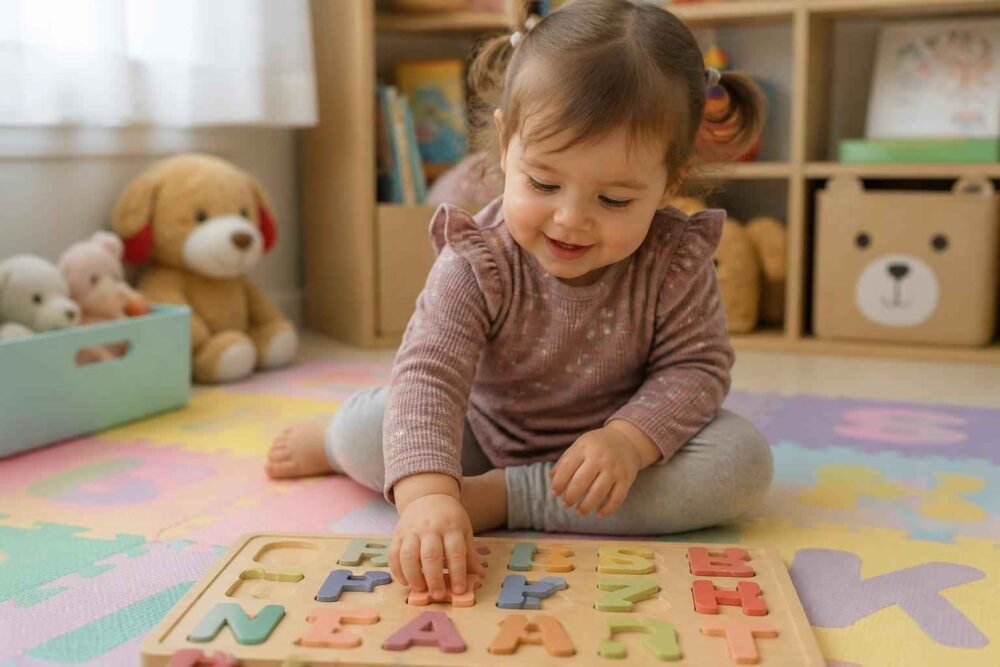 Mała dziewczynka układa kolorowe puzzle z literami na macie edukacyjnej