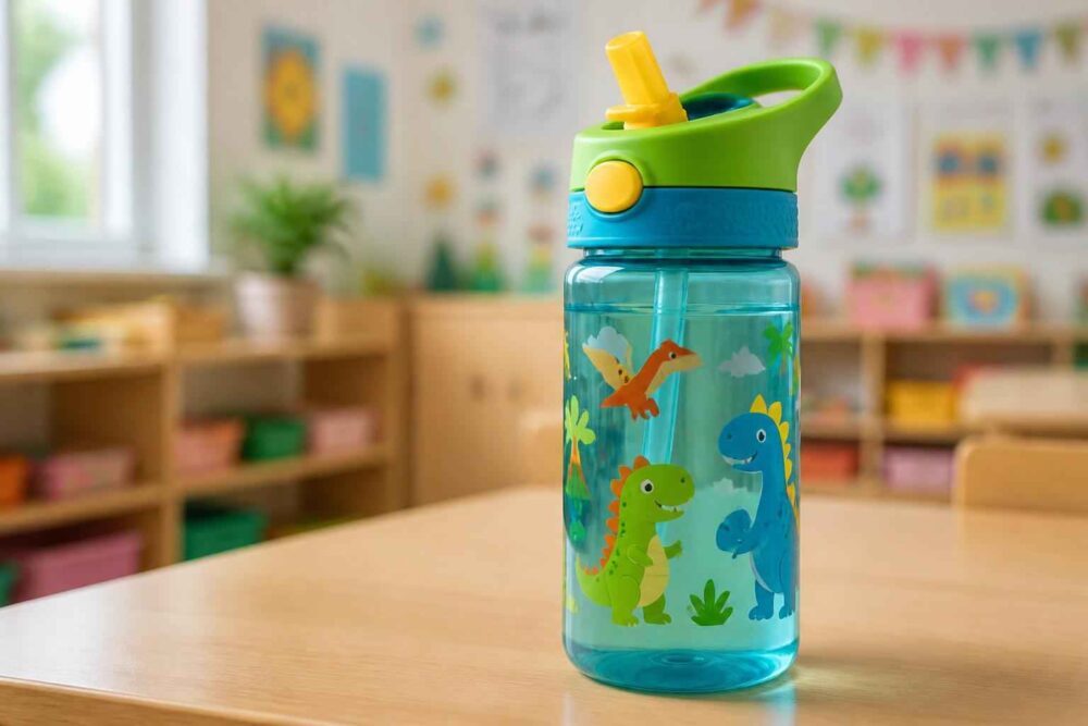 Turkusowa butelka z ustnikiem i ilustracjami dinozaurów na drewnianym stoliku w sali przedszkolnej