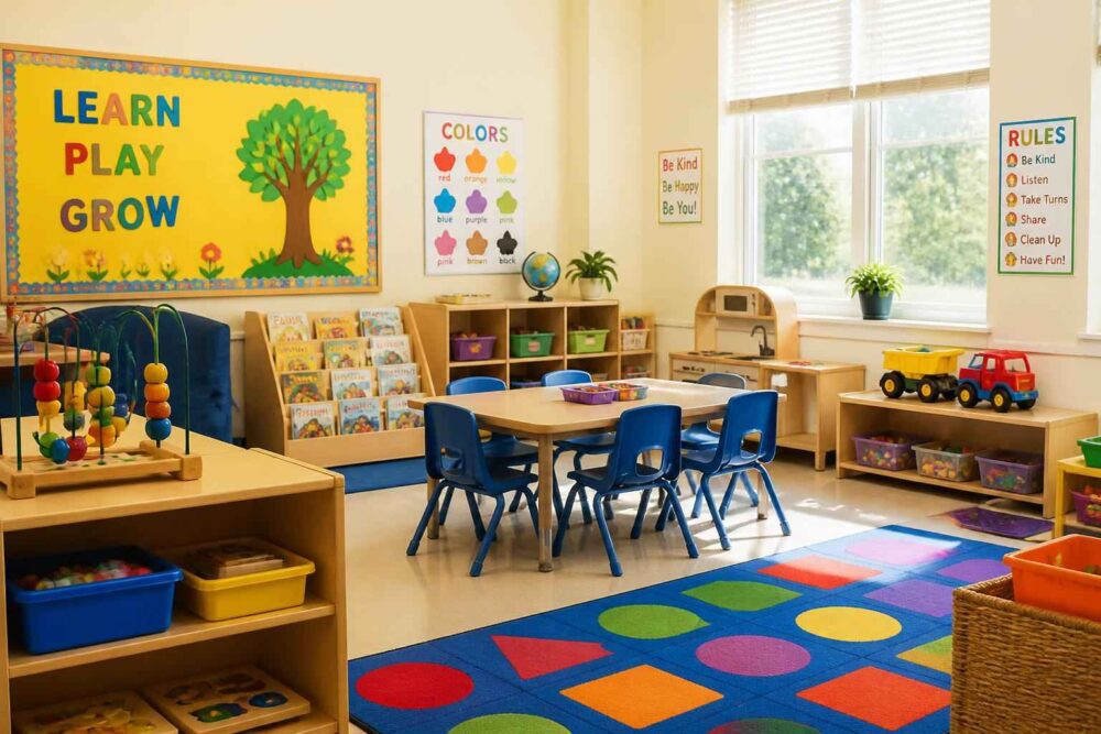 Jasna sala przedszkolna z małymi stolikami, kolorowym dywanem, półkami z zabawkami i tablicami edukacyjnymi