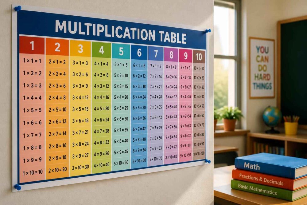 Kolorowa tablica działań matematycznych Kolorowa tablica mnożenia na ścianie obok książek matematycznych, globusa i rośliny doniczkowej