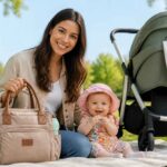 Uśmiechnięta mama siedzi obok córki i wózka dziecięcego w parku