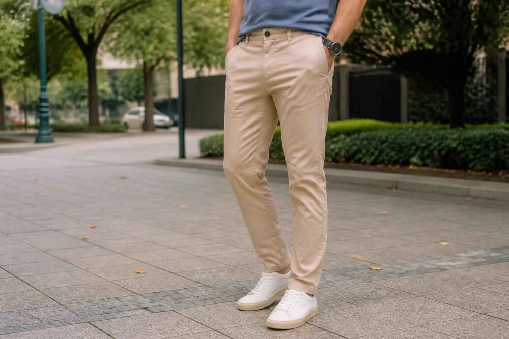 Mężczyzna w beżowych spodniach i białych sneakersach spaceruje po miejskim deptaku