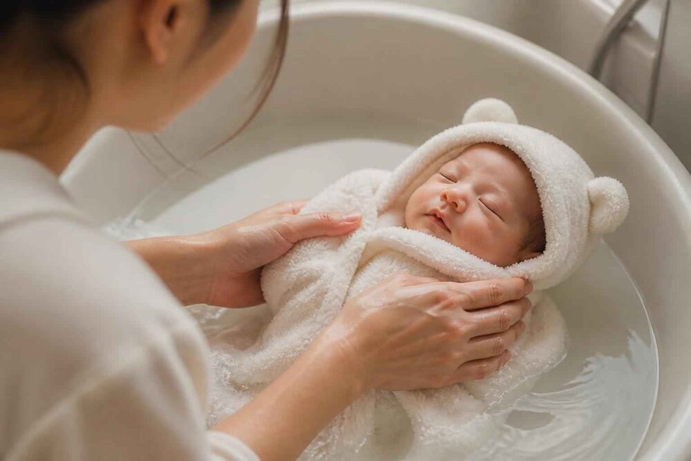 Niemowlę owinięte w ręcznik podczas kąpieli w wanience, podtrzymywane przez dorosłą osobę