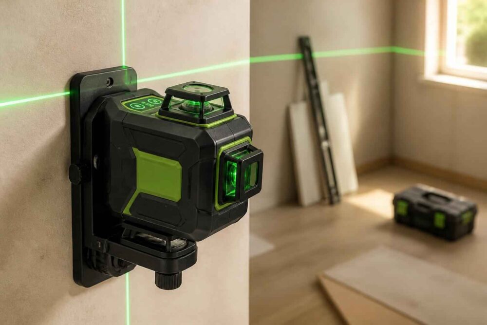 Czarna poziomica laserowa emituje zielone linie na ścianie w pomieszczeniu remontowym
