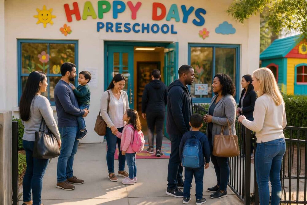 Rodziny z dziećmi przy wejściu do kolorowego przedszkola Happy Days Preschool