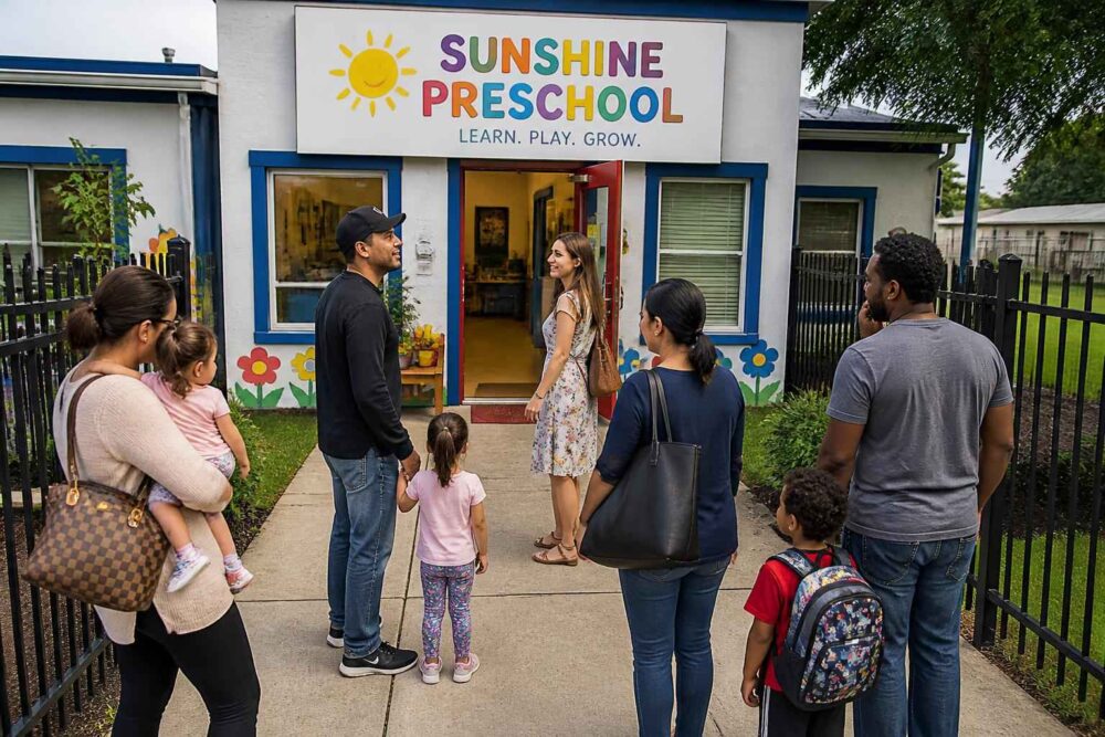 Rodziny z dziećmi przed wejściem do kolorowego przedszkola Sunshine Preschool