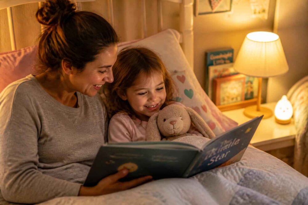 Wieczorne czytanie z mamą i pluszowym misiem Mama czyta córce książkę w łóżku, a dziewczynka przytula pluszowego misia