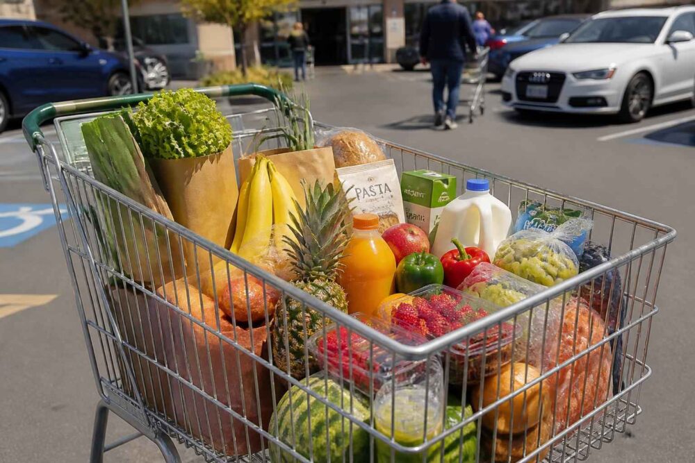 Wózek sklepowy z warzywami, owocami, pieczywem, mlekiem i innymi produktami spożywczymi na parkingu sklepu